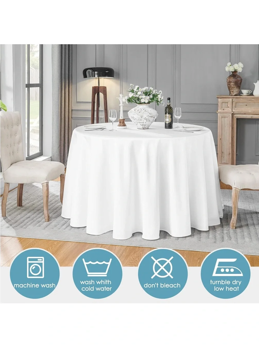 NEW VidaFete 132” Round Tablecloth Polyester, Stain/Wrinkle Resistant. White.